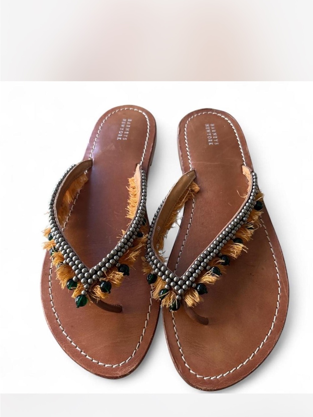 Barneys New York Brown Leather Beaded Tassel Sandals
